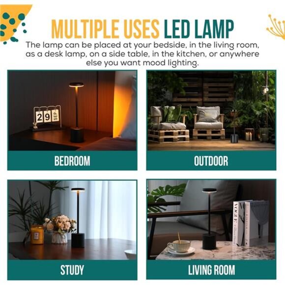 Cordless Table Lamps Set of 2 LED Rechargeable Dimmable USB Mood Light for Patio - Picture 6 of 7